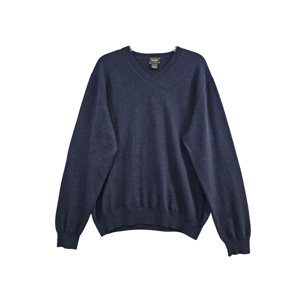 Neiman Marcus Cashmere Sweater Mens L Navy‎ Blue Solid V-neck Luxury Knit Soft